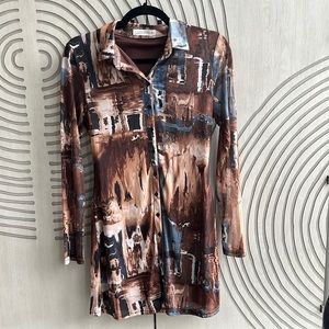 12th Tribe Printed Brown Button Up Mesh Dreas